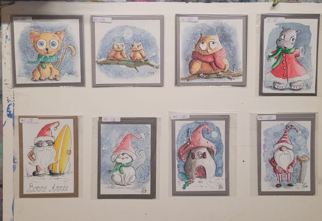 Carte de Noël 2024 aquarelle par l'artiste peintre de la Drôme MINA